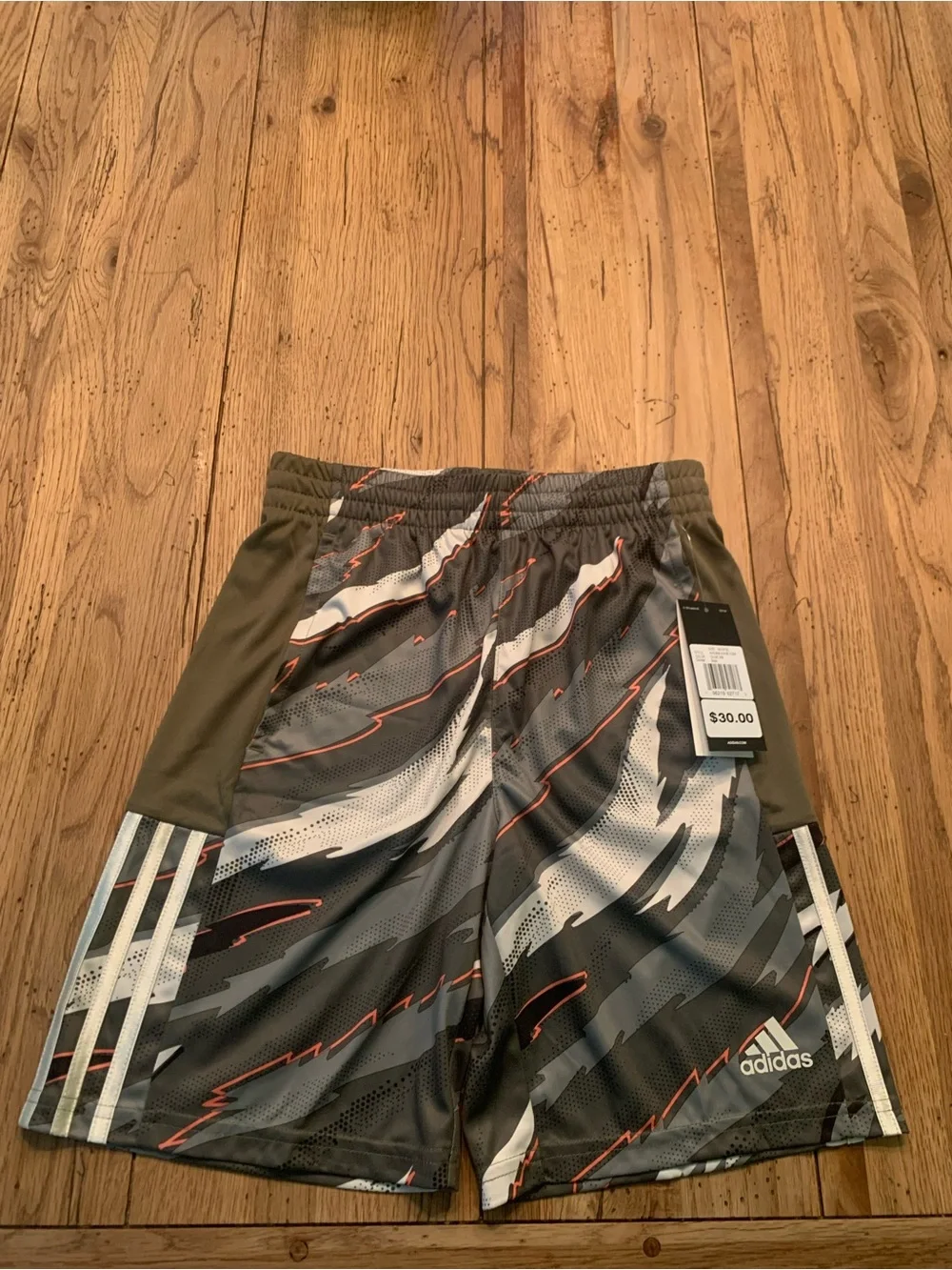 adidas Boys' Olive, Gray & White Performance Shorts with Orange Accents